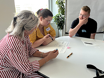 Mitwirkung von Fachkräften: Teilnehmende des Co-Creation-Workshops bei der Arbeit an den Lern-App-Inhalten in Kleingruppen.