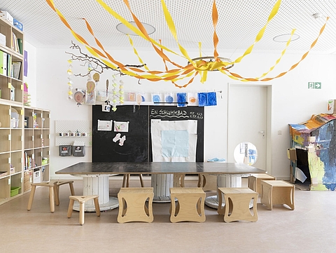 Foto vom Atelier im FRÖBEL-Haus für Kinder Mainzer Straße mit Regalen, Tisch und Tafel