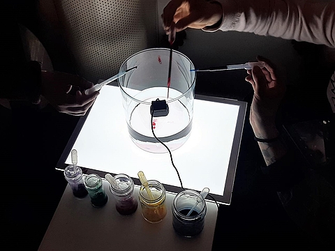 Ein großes Glasgefäß, das mit etwas Wasser gefüllt ist, steht auf einem Leuchttisch. Mit Pipetten werden flüssige Farben in das Wasser getropft. Eine kleine Kamera filmt, wie sich die Farbe im Wasser verteilt.