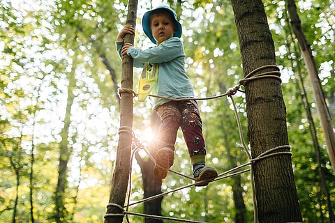 Kind im Wald auf einem Seil, das zwischen Baumstämme gespannt ist. (FRÖBEL forstet auf: Eine Initiative für mehr Nachhaltigkeit)