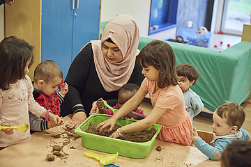 Erzieherin mit Kindern im FRÖBEL-Kindergarten & Familienzentrum Finkenberg in Köln (Fotocredits: FRÖBEL e.V./Boris Breuer)