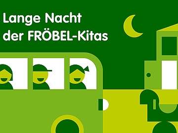 Grafik Lange Nacht der FRÖBEL-Kitas mit einem Bus, in dem Menschen sitzen und einem Kindergarten, bei dem die Tür geöffnet ist