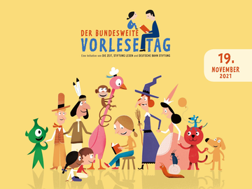 Illustration mit Kindern und Fantasiefiguren, die ein Buch lesen. Dazu das Logo vom Vorlesetag am 19. November 2021