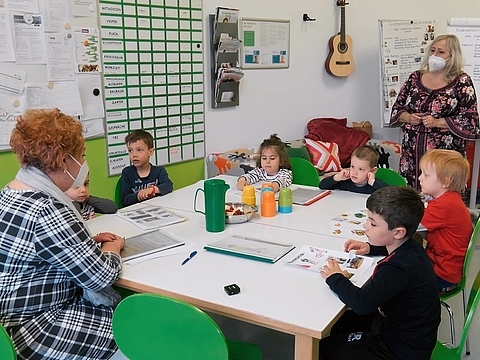 Kinder im FRÖBEL-Kindergarten Technopark treffen sich mit Kitaleiterin im Leitungsbüro