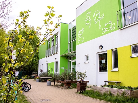 Die moderne Fassade eines Kindergartens in Weiß, Hellgrün und Gelb, mit großen Fenstern, aufgemalten springenden Fröschen und dem Eingangsbereich. Vor dem Gebäude führt ein gepflasterter Weg entlang, gesäumt von kleinen Pflanzen und Fahrrädern.