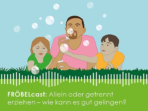 Illustration: Ein Vater bläst für seine beiden Kinder Seifenblasen. 