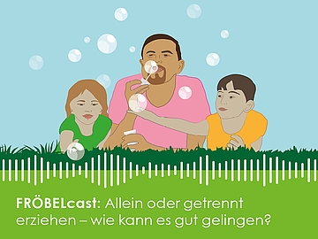 Illustration: Ein Vater bläst für seine beiden Kinder Seifenblasen. 