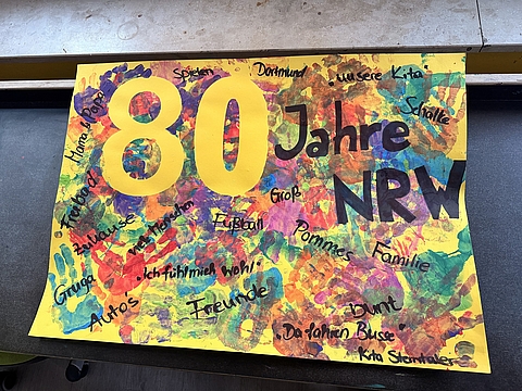  Buntes Kinderkunstwerk zum 80. Geburtstag von NRW mit großer „80“, dem Schriftzug „Jahre NRW“ und Begriffen wie Familie, Freunde, Fußball, Pommes und „Ich fühle mich wohl“. Entstanden im Fröbel-Kindergarten Sterntaler.