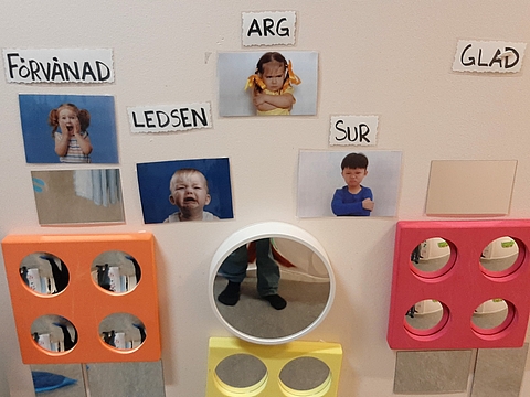 Foto einer Wand mit verschiedenen Spiegeln und Fotos von Kindern, die verschiedene Gefühle ausdrücken. Dazu beschrifttete Karten mit verschiedenen Gefühlen.